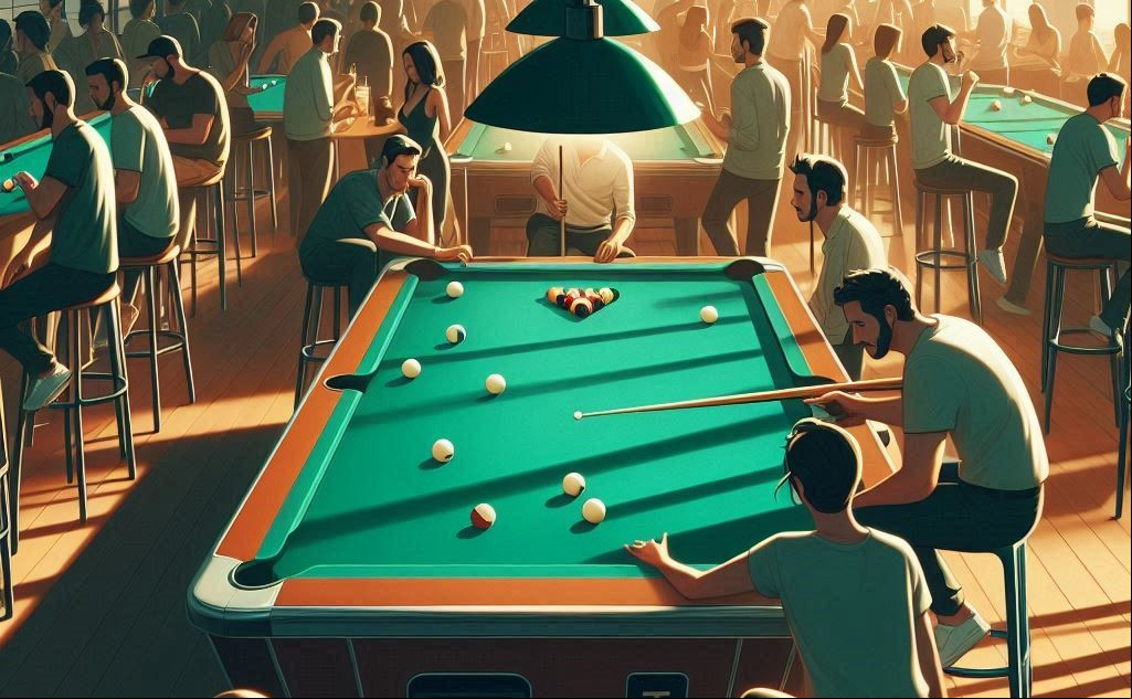Playing pool in a pool hall